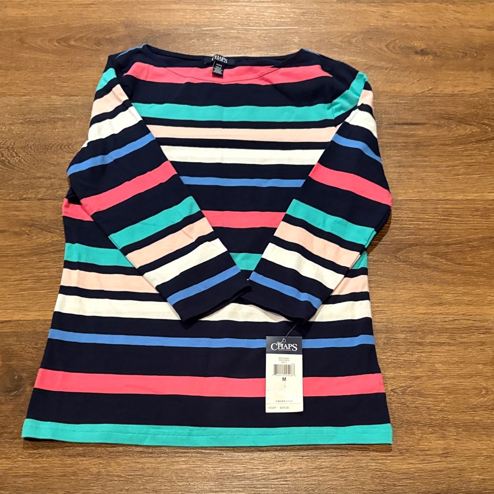 Chaps Women's Long Sleeve Striped Tee - Navy, Pink, Green